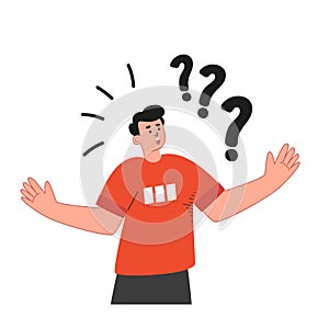 The confused man shrugs and spreads his hands. No answer to the question. Cartoon vector illustration.